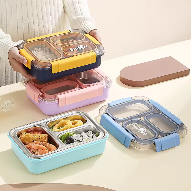 Smile Insulated 3 Grid Lunch Box, 3 Portion Bento Lunch Container, School Kids Stainless Steel Tiffin Box Smile Insulated 3 Grid Lunch Box, 3 Portion Bento Lunch Container, School Kids Stainless Steel Tiffin Box